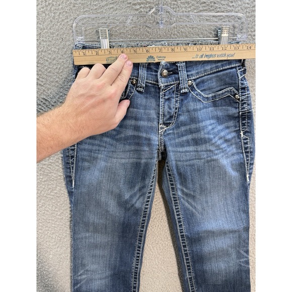 Ariat Jeans Womens 25R Blue REAL Icon Straight Thick Stitch Raw Hem Western * - Picture 3 of 11